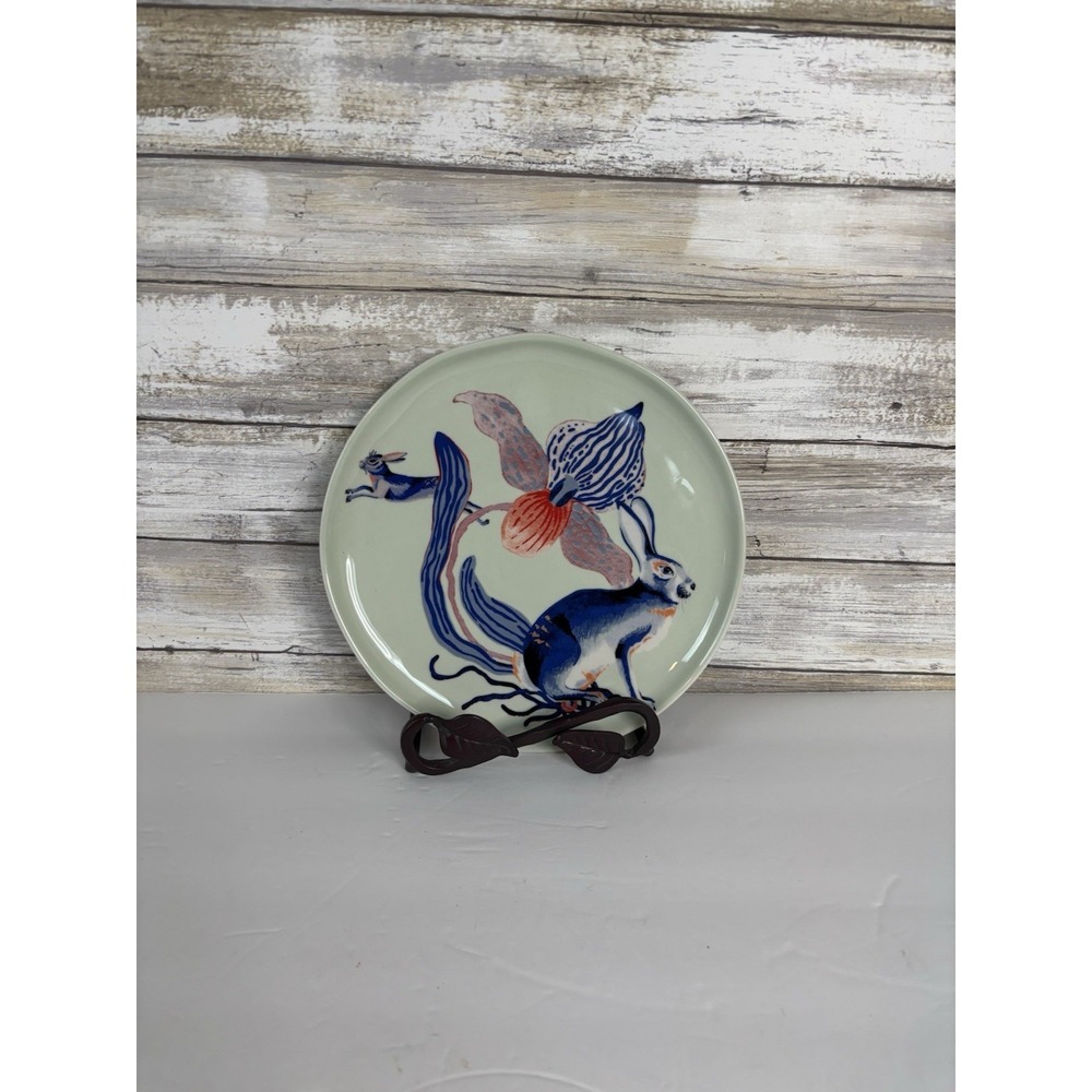 Anthropologie Sarah Gordon Dessert Plate Mint Green Floral Rabbit‎ 8.25" New
